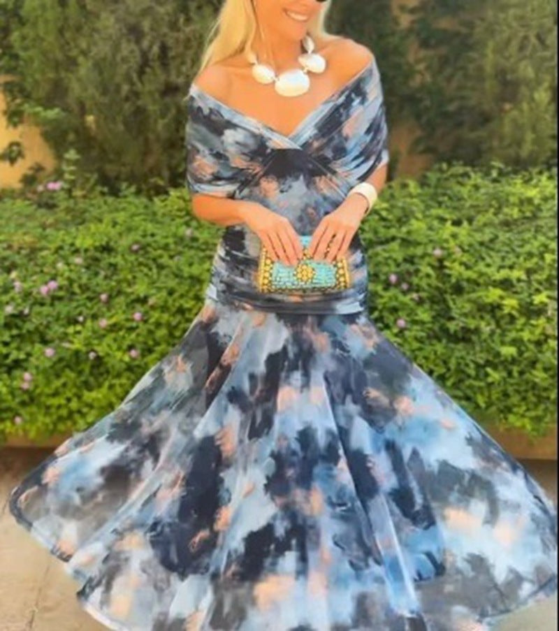 Damen nan fließendes Abendkleid mit transparentem Chiffon-Capelet, V-Ausschnitt und taillierter Drapierung EB