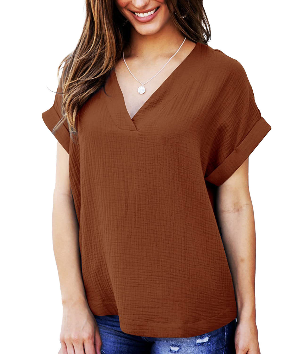 Damen lässiges V-Ausschnitt T-Shirt mit luftiger Passform und umgeschlagenen Ärmeln EB