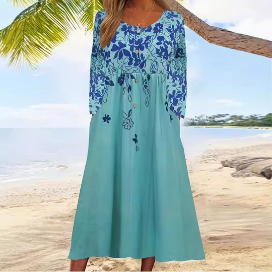 Damen Maxikleid mit floralem Design und eleganten Knopfdetails EB