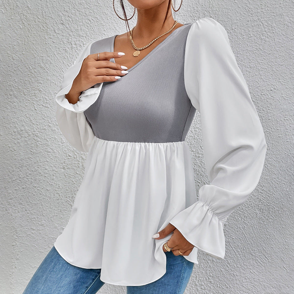Damen elegantes Oberteil mit asymmetrischem V-Ausschnitt und Puffärmeln EB
