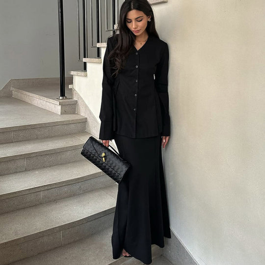 Damen Elegantes Deux-Pieces-Anzugset mit schwingendem Oberteil und bodenlangem Rock EB