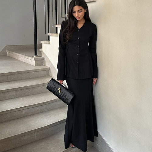 Damen Elegantes Deux-Pieces-Anzugset mit schwingendem Oberteil und bodenlangem Rock EB
