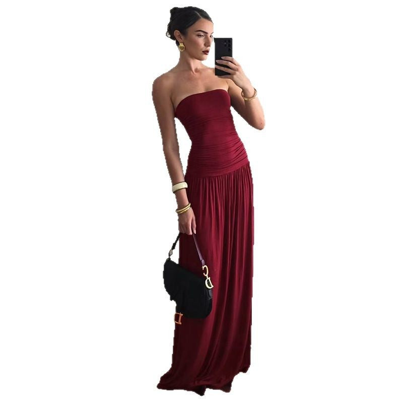 Damen Maxikleid mit elastischem Oberteil und fließendem Rock EB