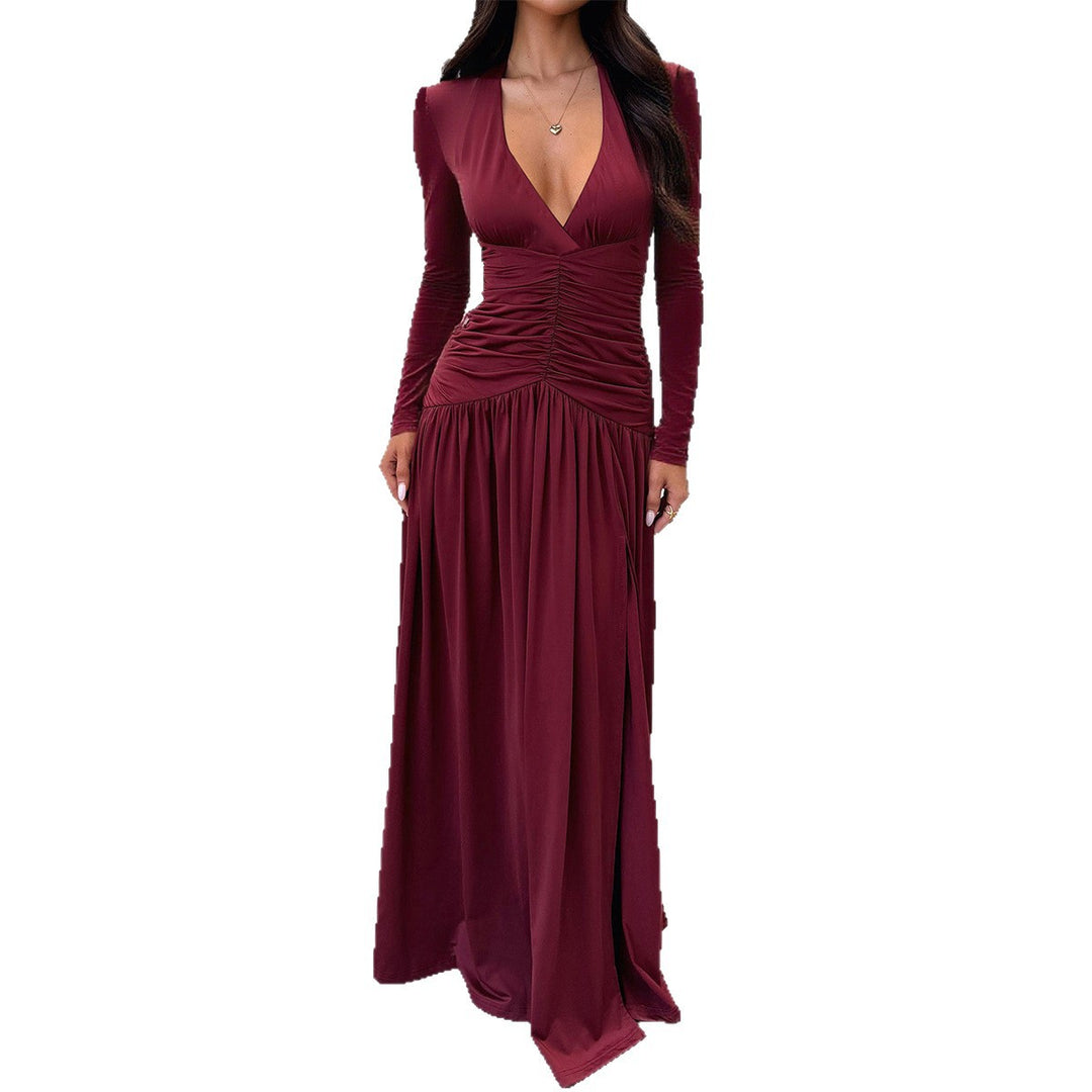 Damen nan elegantes Abendkleid mit gerafftem Wickeloberteil, hohem Beinschlitz und Samtärmeln EB