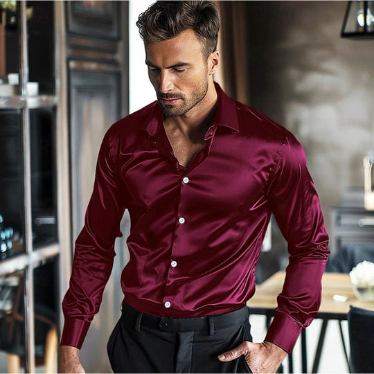 Herren elegantes Langarmhemd aus luxuriösem Satin EB