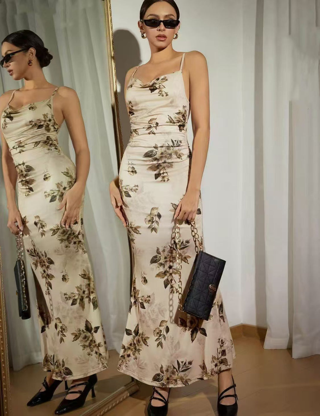 Damen Elegantes Maxikleid mit floralem Dekor und Raffungen EB