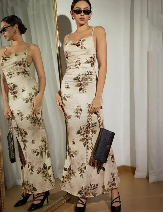 Damen Elegantes Maxikleid mit floralem Dekor und Raffungen EB