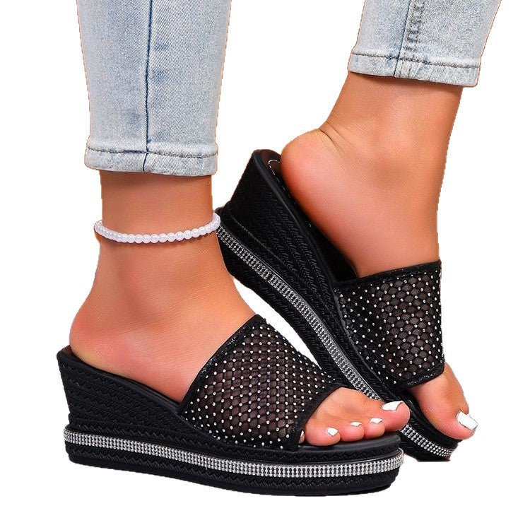 Damen Bequeme Wedge-Pantoletten mit funkelnden Strass-Applikationen EB
