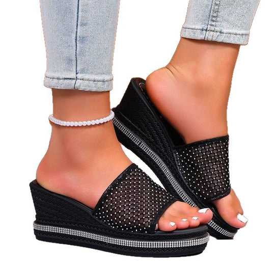 Damen Bequeme Wedge-Pantoletten mit funkelnden Strass-Applikationen EB