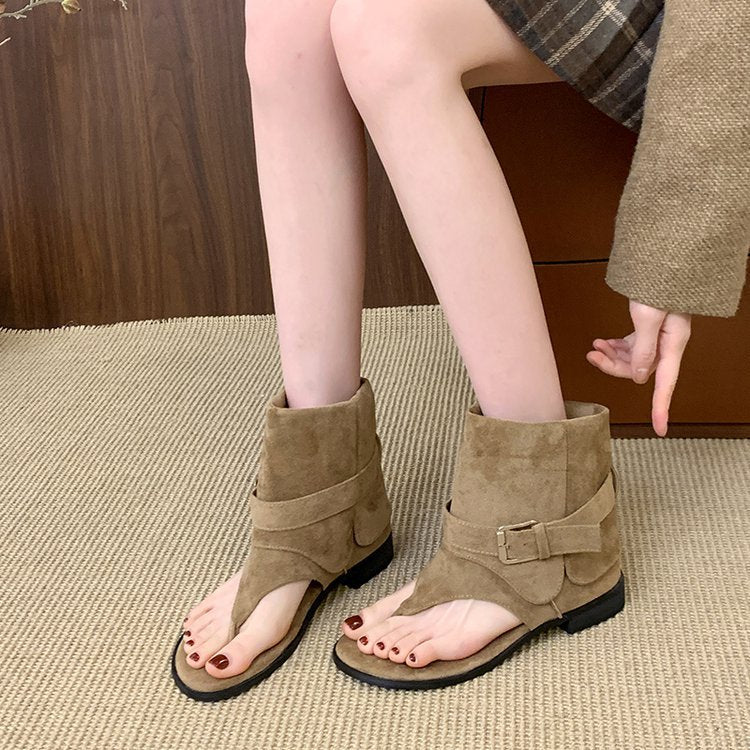 Damen modische Zehentrenner-Stiefeletten mit breitem Riemen und elegantem Schnallenverschluss EB