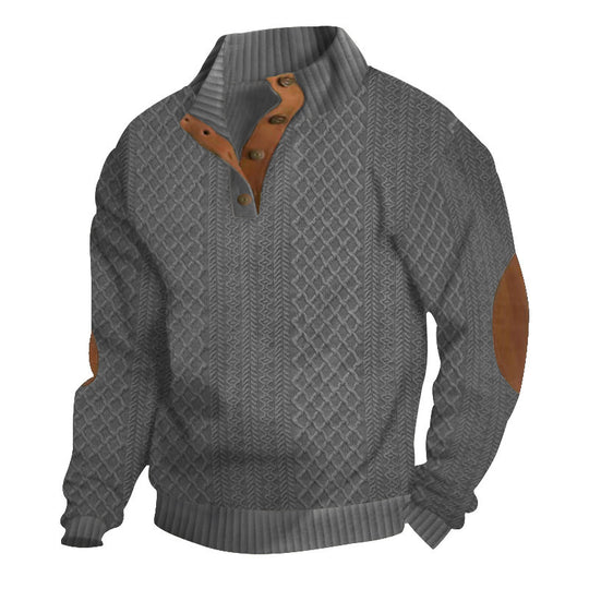 Herren Strukturiertes Zopfmuster-Henley-Pullover mit Lederbesatz an Ellbogen & Knopfleiste EB