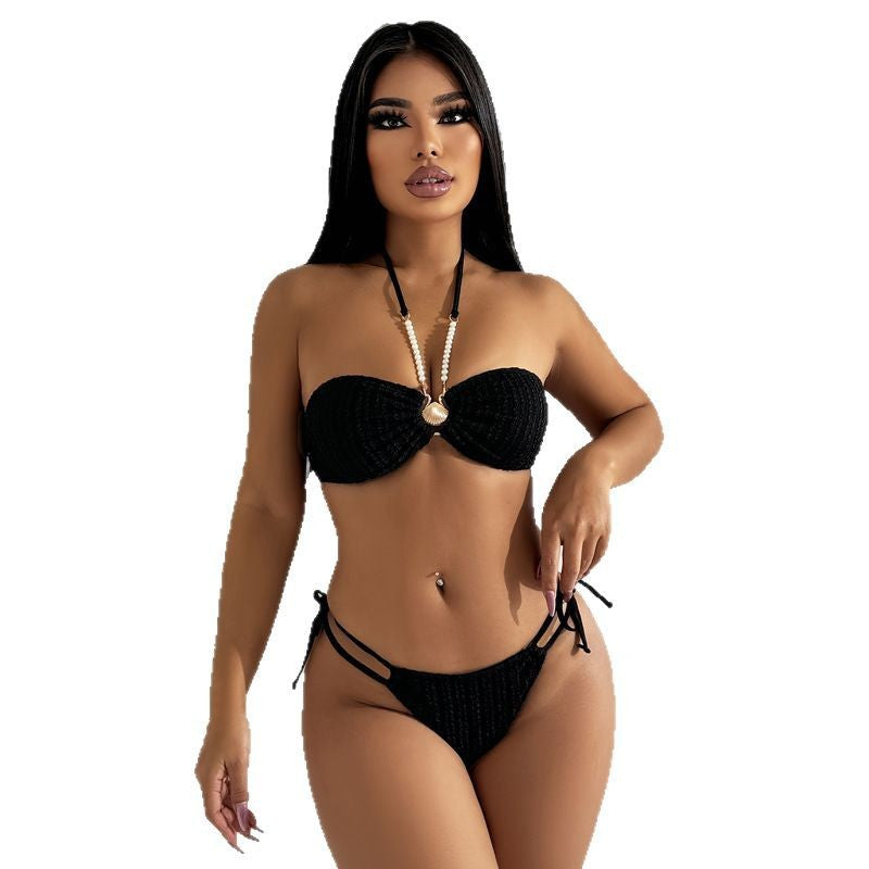 Damen Bandeau-Bikini mit gemustertem Oberteil und dekorativer Perlenverzierung EB