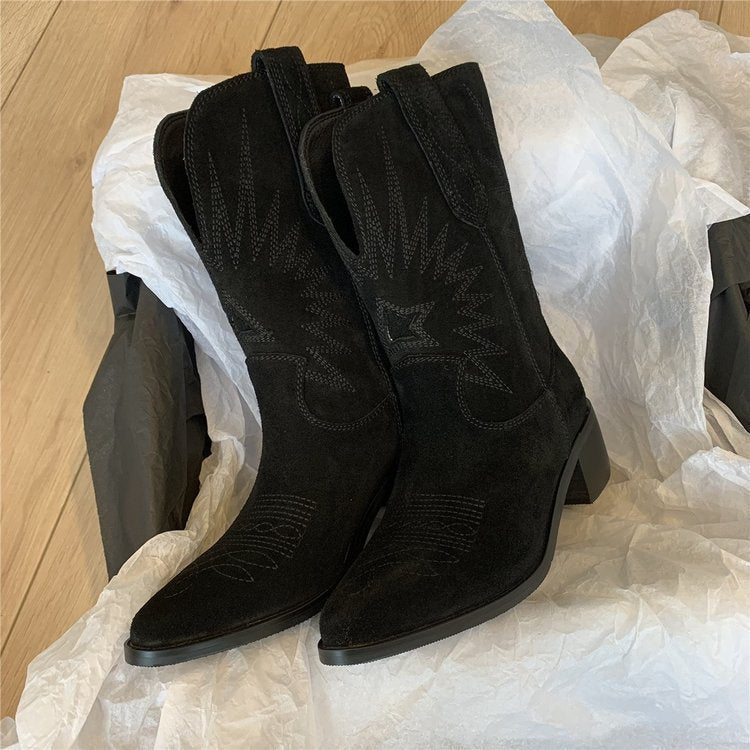 Damen nan Wildleder Westernstiefel mit spitzer Kappe und mittelhohem Blockabsatz EB