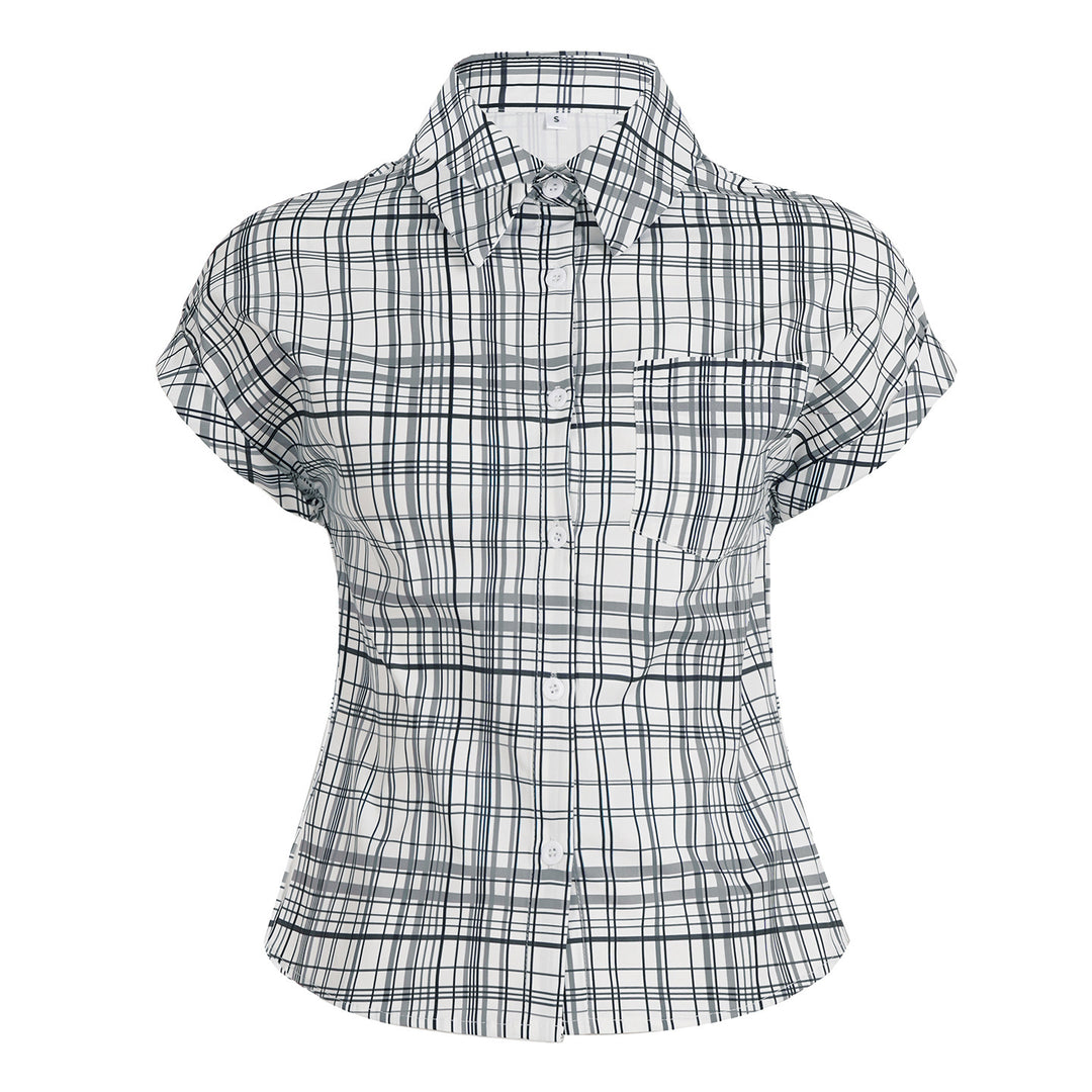 Damen Kurzarm-Karobluse mit tailliertem Schnitt und Knopfdetails EB
