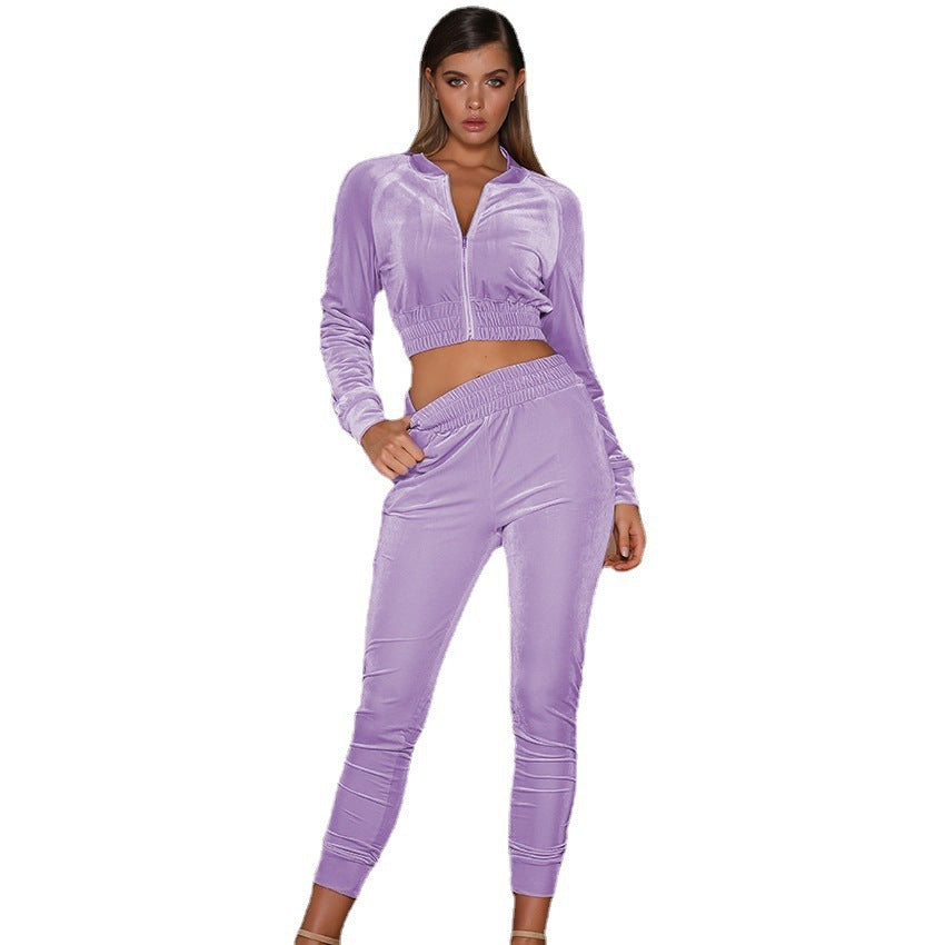 Damen Velours-Loungewear Set mit hochgeschlossener Jacke und elastischem Bund EB