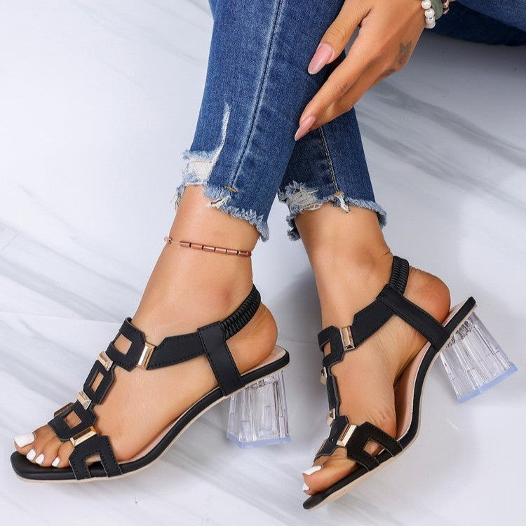 Damen Komfortable und modische Sandalen mit transparentem Blockabsatz EB