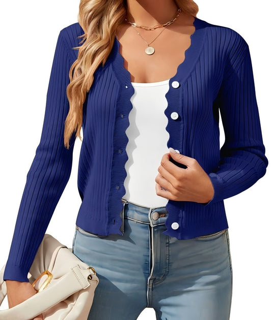 Damen Feiner Rippstrick Cropped-Cardigan mit Wellensaum und dekorativer Knopfleiste EB