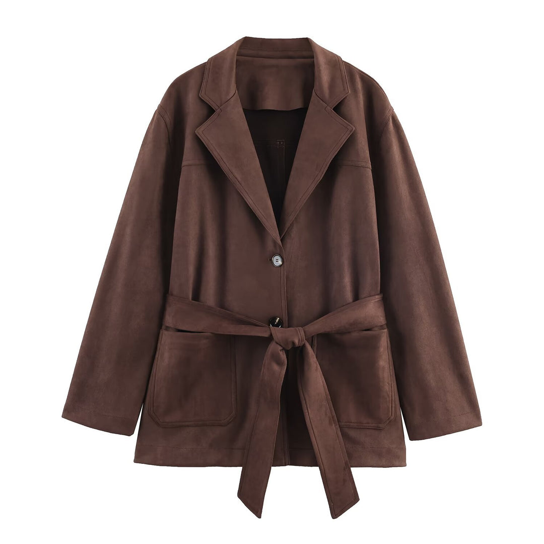 Damen elegante Suede Blazerjacke mit Taillengürtel EB