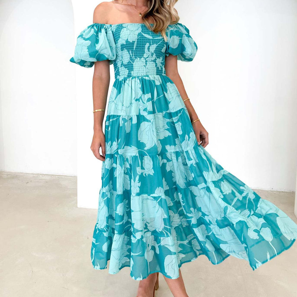 Damen Maxikleid mit elastischem Bustier und voluminösen Puffärmeln EB