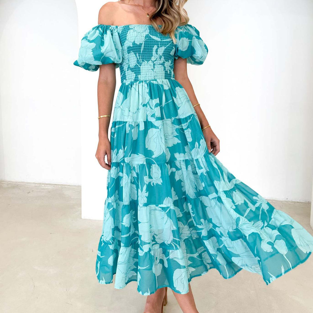 Damen Maxikleid mit elastischem Bustier und voluminösen Puffärmeln EB