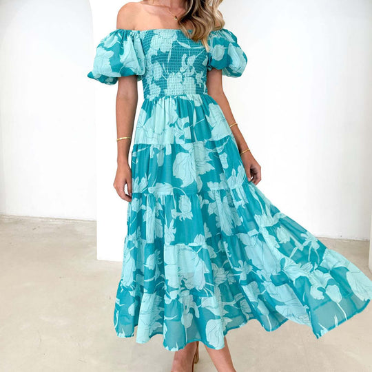 Damen Maxikleid mit elastischem Bustier und voluminösen Puffärmeln EB