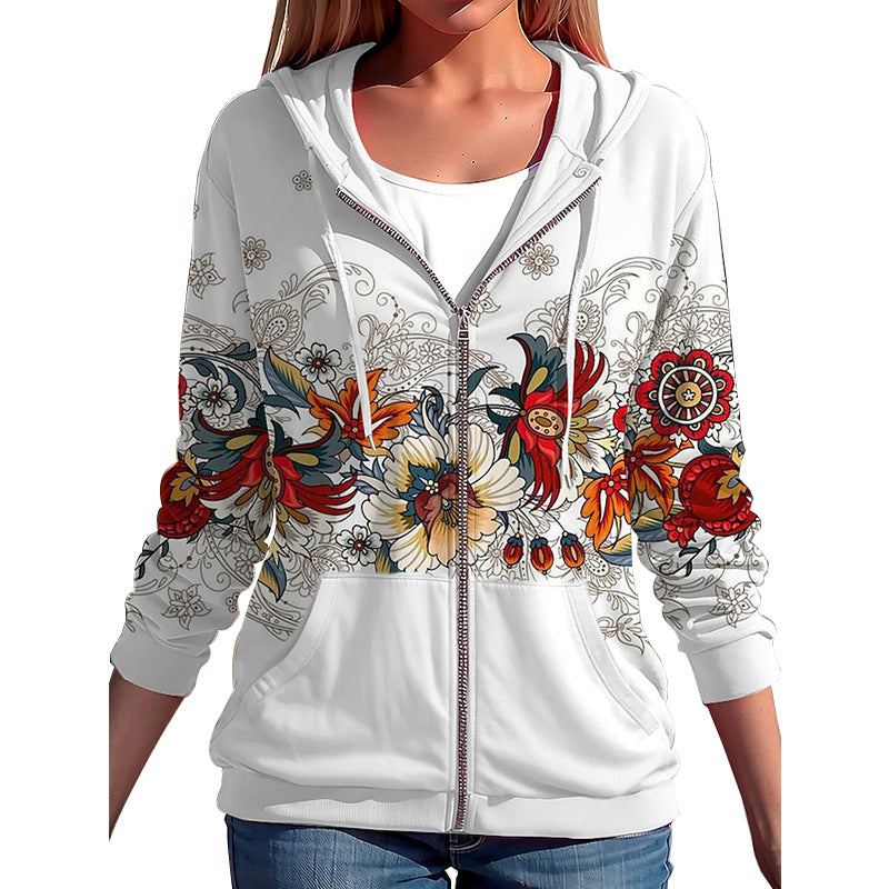 Damen Kapuzenjacke mit durchgehendem Reißverschluss und floraler Boho-Print-Optik EB
