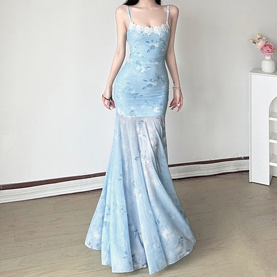 Damen Maxikleid mit floralem Druck und eleganter Spitzenborte EB