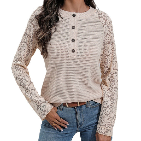 Damen Spitze Langarmshirt mit Knopfdetails und strukturierter Vorderseite EB