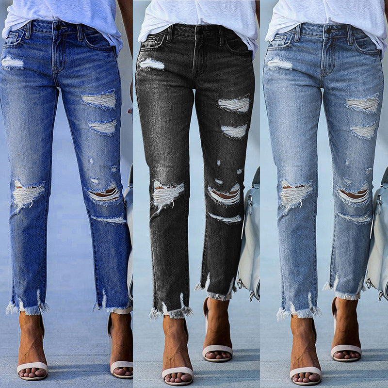 Damen Ripped Jeans im modernen Vintage-Look mit fransigen Säumen EB