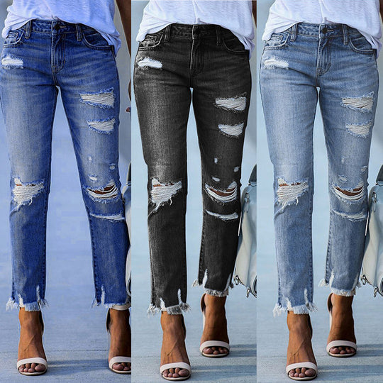 Damen Ripped Jeans im modernen Vintage-Look mit fransigen Säumen EB