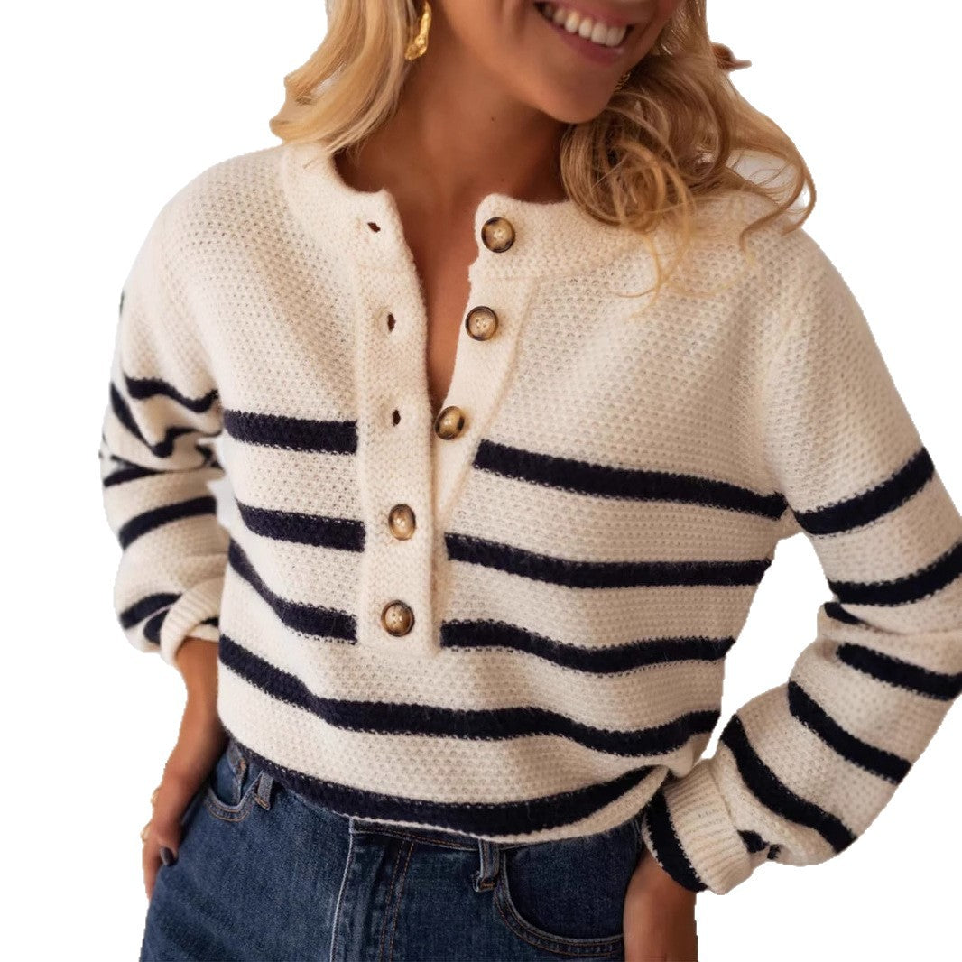 Damen hochwertiger gestreifter Strickpullover mit Knopfdetail und lässigem Schnitt EB