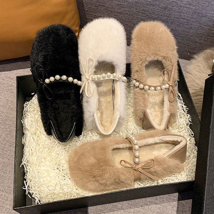 Damen Flauschige Hausschuhe mit eleganter Perlenverzierung und komfortablem Design EB