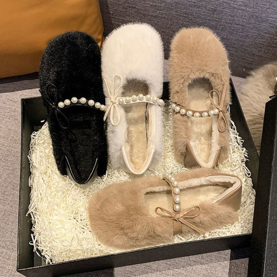 Damen Flauschige Hausschuhe mit eleganter Perlenverzierung und komfortablem Design EB