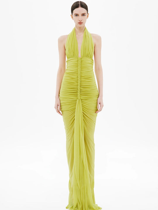 Damen Exquisites gerafftes Maxikleid mit tiefem V-Ausschnitt und eleganten Drapierungen EB