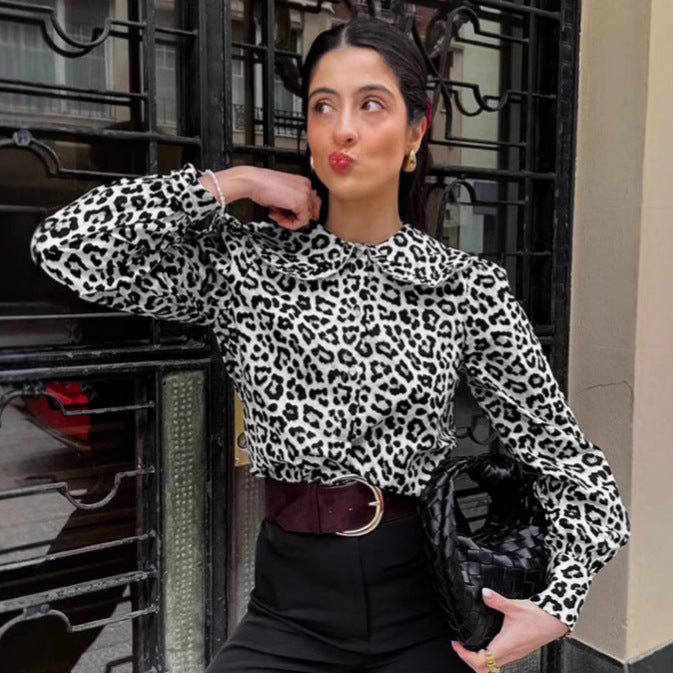 Damen Modische Bluse mit Leopardenmuster und voluminösen Ärmeln EB
