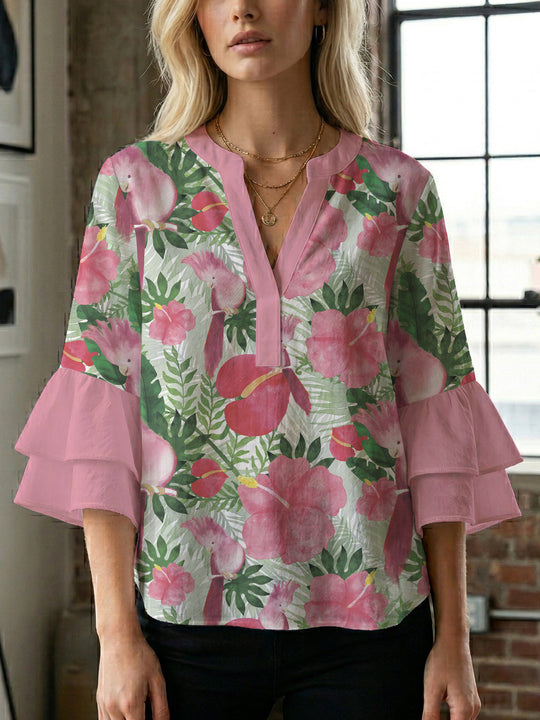 Damen Bluse mit voluminösen Rüschenärmeln und floralem Muster EB