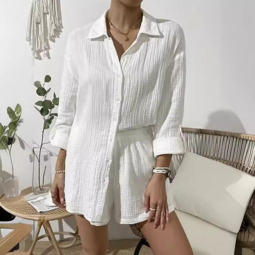 Damen nan luftig-leichter Zweiteiler Lounge-Set aus Baumwoll-Gauze mit Hemdbluse und elastischer Taillen-Shorts EB