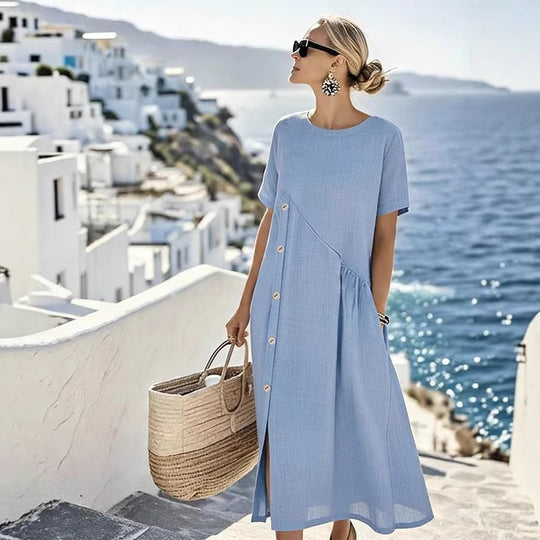 Damen Luftiges Sommerkleid mit seitlicher Knopfleiste, kurzen Ärmeln und Schlitz EB