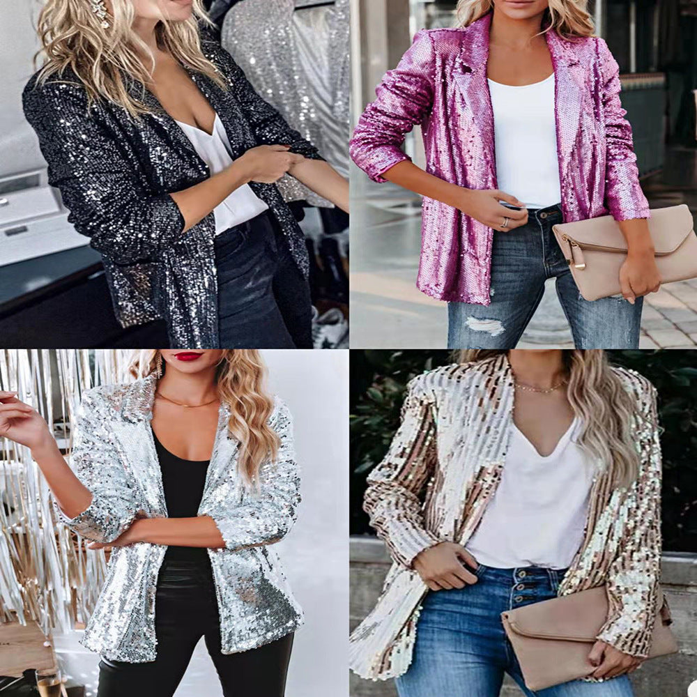 Damen Glamouröse Blazerjacke mit Paillettenbesatz und langem Arm EB