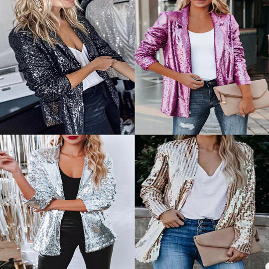 Damen Glamouröse Blazerjacke mit Paillettenbesatz und langem Arm EB