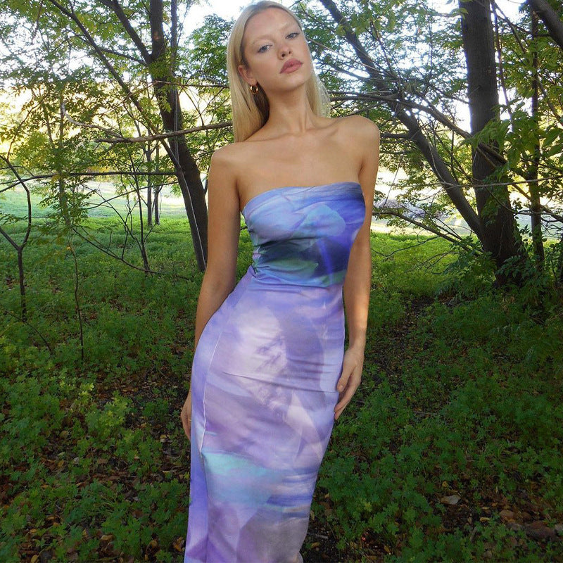 Damen Maxi Kleid mit schulterfreiem Design und fließendem Stoff EB