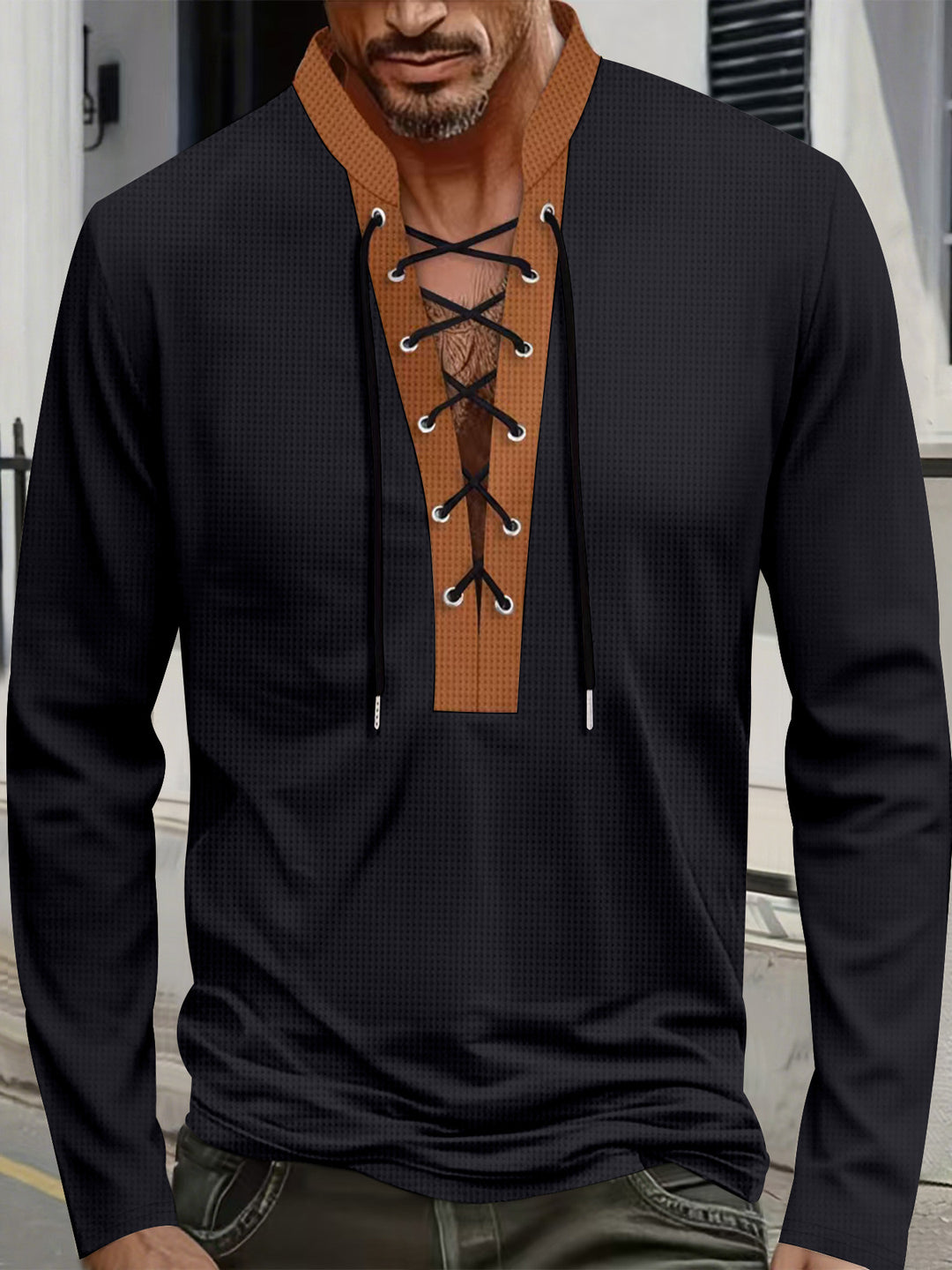 Herren modisches Langarmshirt mit einzigartigem Schnürdesign und ansprechendem Kragen EB