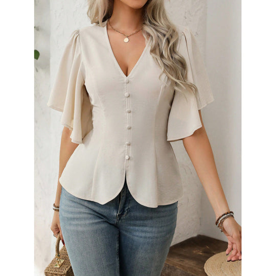 Damen Bluse mit fließenden Ärmeln und V-Ausschnitt EB