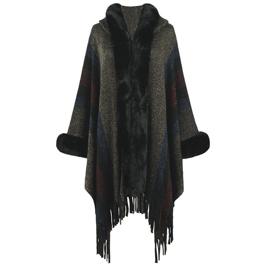 Damen modischer Poncho mit luxuriösem Kunstfellkragen und Fransen EB