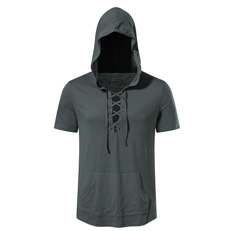 Herren Kurzarm-Hoodie mit lässigem Lacing-Design und praktischer Kängurutasche EB
