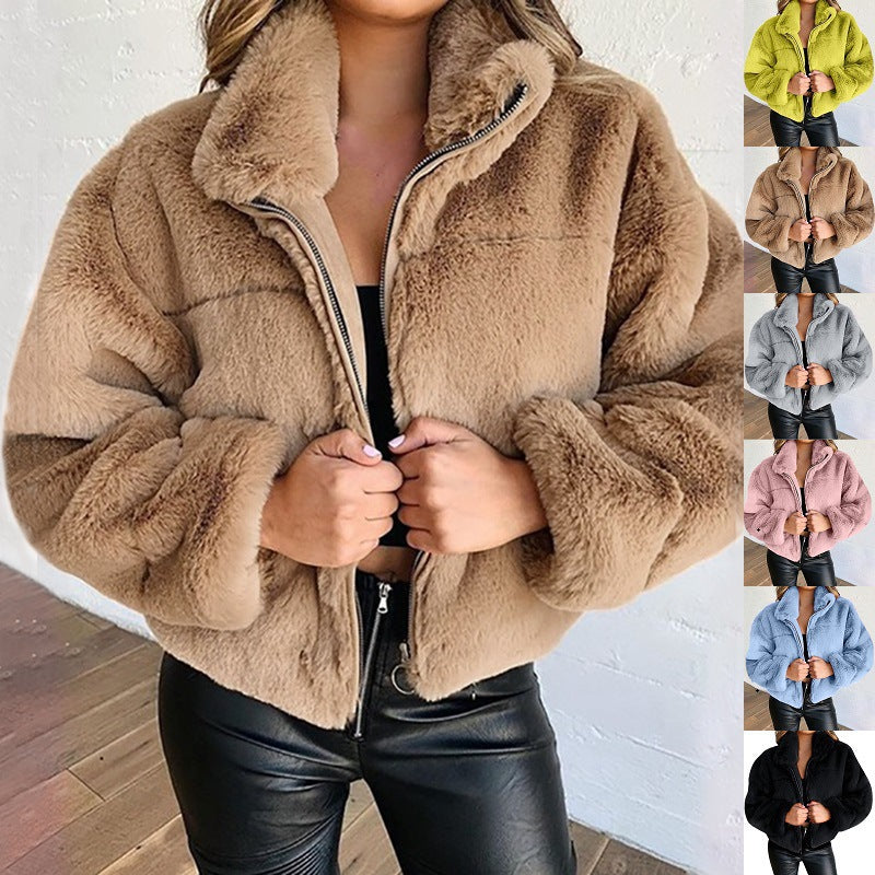 Damen nan kurze kuschelige Kunstpelzjacke mit Stehkragen und Reißverschluss EB