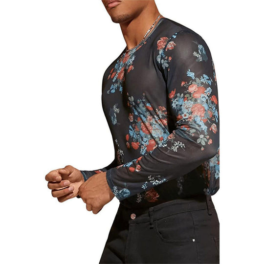 Herren Langarmshirt mit floralem Muster und transparentem Stoff EB