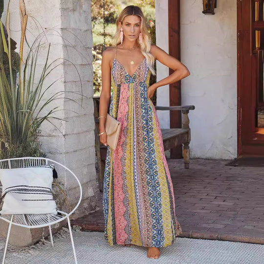 Damen Maxikleid mit lässigem V-Ausschnitt und verspieltem Muster EB