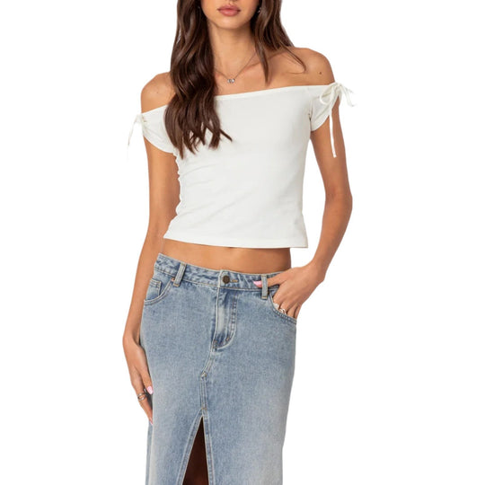 Damen raffiniertes Off-Shoulder T-Shirt mit eleganten Bindebändern EB