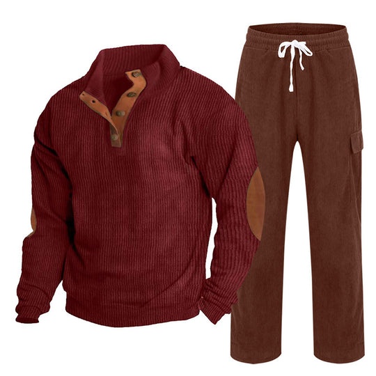 Herren nan Strick-Freizeitset mit Knopfleiste und Ellenbogenaufnähern sowie Cord-Cargohose EB